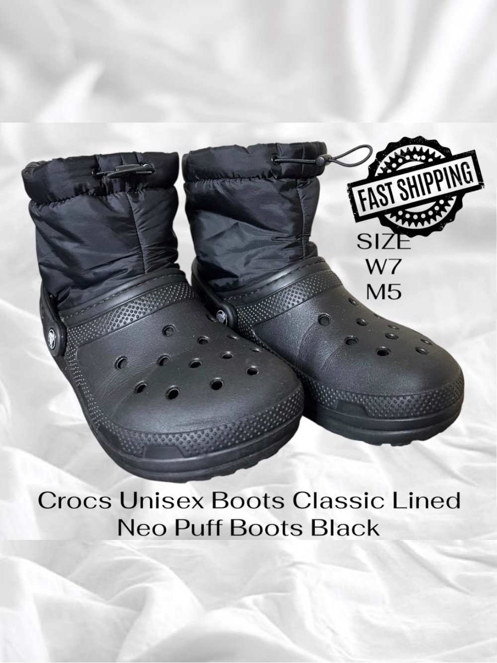 Crocs Unisex Boots Classic Lined Neo Puff Boots black Size 7 W 5 M FAST SHIPPING